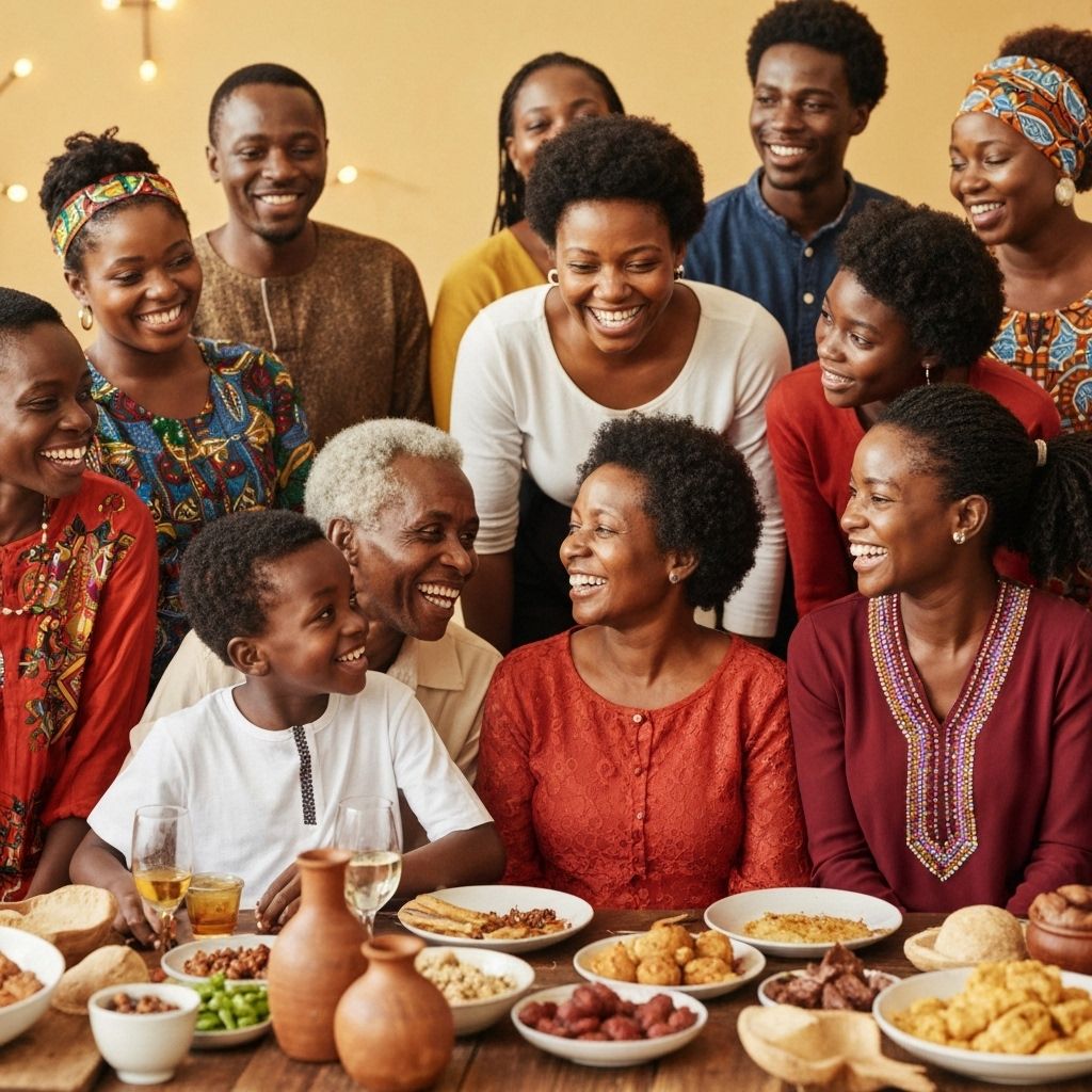 Split collage of diverse East Africans abroad - nurse on night shift, family table, youth creative studio